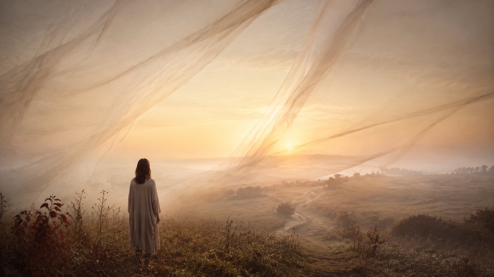 Mulher contempla um caminho que se revela entre véus iluminados ao amanhecer.